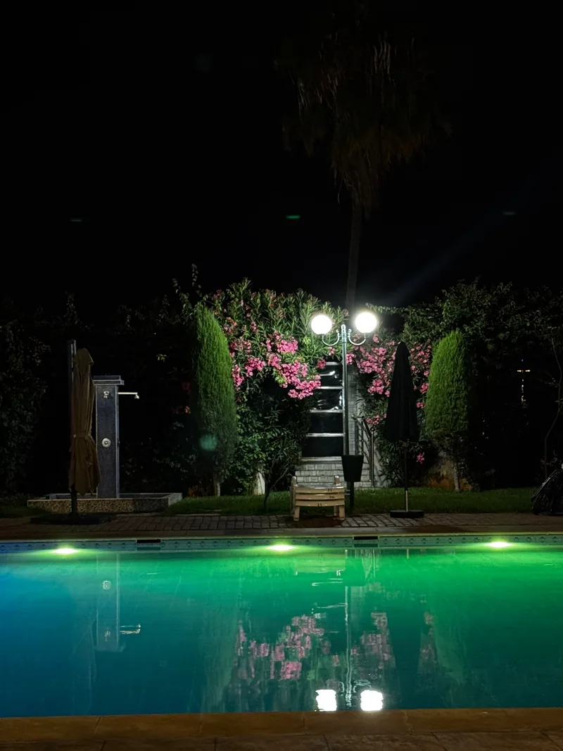 Grande piscine au milieu d’un jardin verdoyant